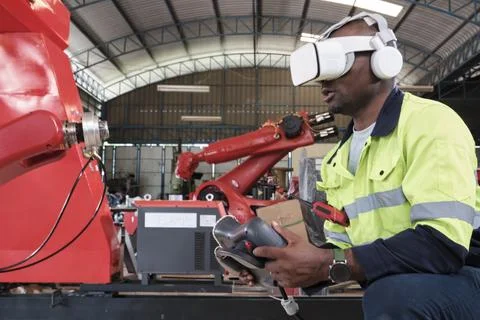 Black engineer with VR glasses controls robotic arm in manufacturing factory. Stock-Fotos