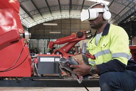 Black engineer with VR glasses controls robotic arm in manufacturing factory. Stock Photos