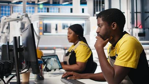 Black engineer works on solar software settings in automated factory Stockfoto's