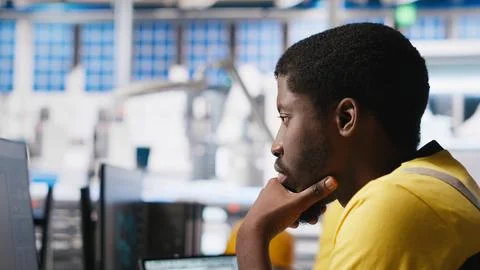 Black engineer works on solar software settings in automated factory Stock Photos