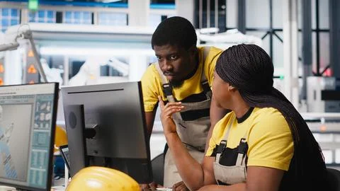 Black engineering team working at a high tech solar panel factory Stock Photos