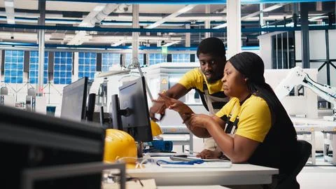 Black engineering team working at a high tech solar panel factory 스톡 사진