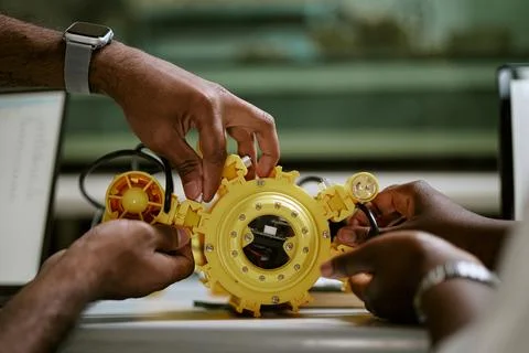Black Engineers Assembling Yellow Underwater Drone in Laboratory Stock Photos