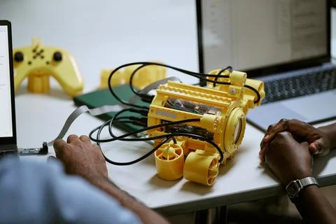 Black Engineers Developing Underwater Robotic Prototype with Laptop Stock Photos