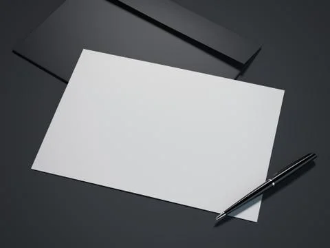 Black envelope with blank paper sheet and pen. 3d rendering Stock Illustration