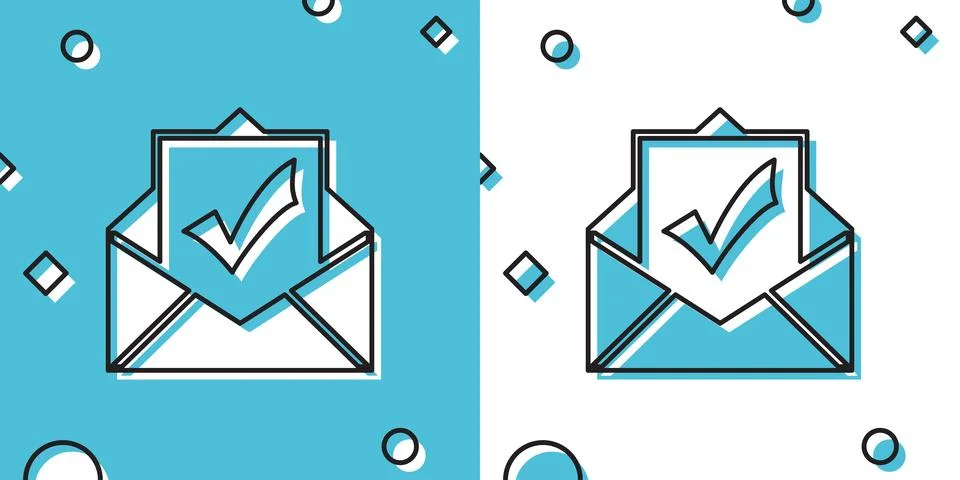 Black Envelope with document and check mark icon isolated on blue and white Stock Illustration