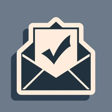 Black Envelope with document and check mark icon on grey background. Successful Illustrazione stock
