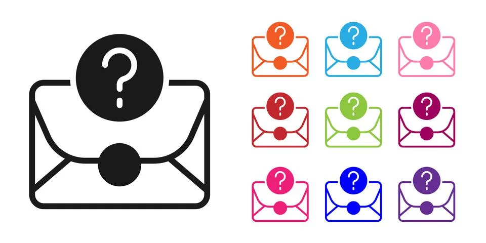 Black Envelope with question mark icon isolated on white background. Letter with Stock Illustration