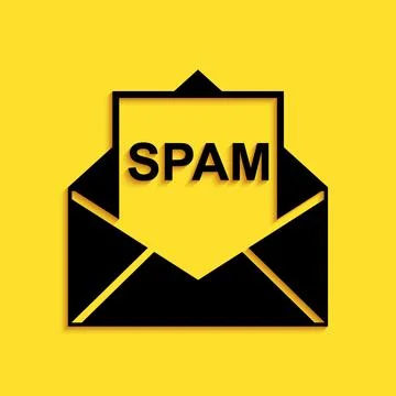 Black Envelope with spam icon isolated on yellow background. Concept of virus Stock Illustration