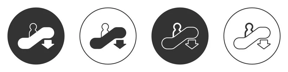 Black Escalator down icon isolated on white background. Circle button. Vector Stock Illustration