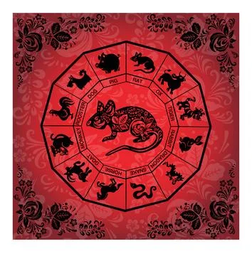 Black ethnic boho rat, mouse on the background of a red banner Stock Illustration
