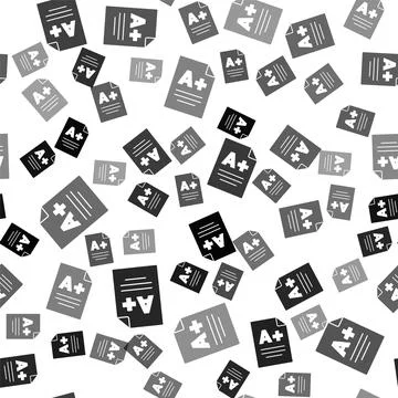 Black Exam sheet with A plus grade icon isolated seamless pattern on white Stock Illustration