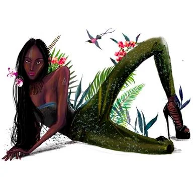 Black exotic model with flowers Stock Illustration