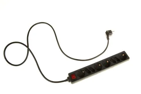 Black extension cord with plug isolated on a white background Stock Photos