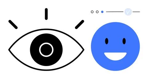 Black eye, blue smiling face, progress indicator with circles and a checkmark Ilustración de archivo