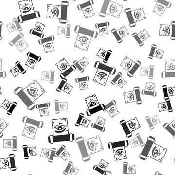 Black Eye of Horus on papyrus scroll icon isolated seamless pattern on white Stock Illustration