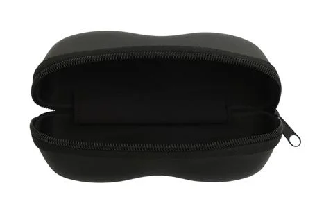 Black eyeglass case opened on white background. Empty hard protective box w.. Stock Photos