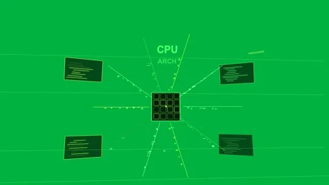 Black fading to neon grid, CPU pulsing and streaming data to panels, showing CPU Stock Footage 329503450