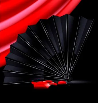 Black fan, red drape and and petals Stock Illustration
