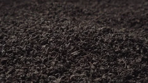 Black fanning or broken loose leaf tea is poured into a pile. Close-up, side Stock Footage 240572830