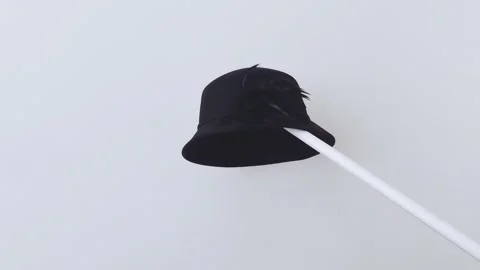 Black Feather Hat - Bold Contrast on White Stick, Styled in Silence Stock Footage 312092176