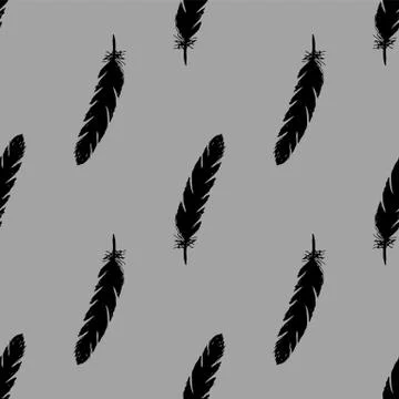 Black feathers seamless pattern on gray background. Stock Illustration