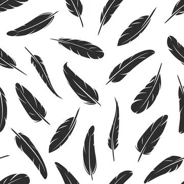 Black feathers seamless pattern, quills background Stock Illustration