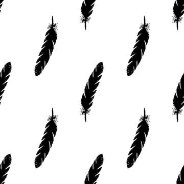 Black feathers seamless pattern on white background. Illustrazione stock
