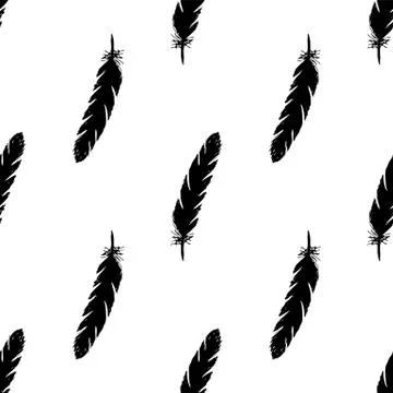 Black feathers seamless pattern on white background. Stock Illustration