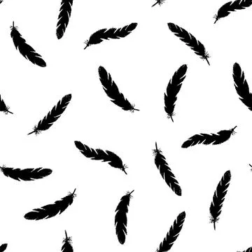 Black feathers seamless pattern on white background. Stock Illustration