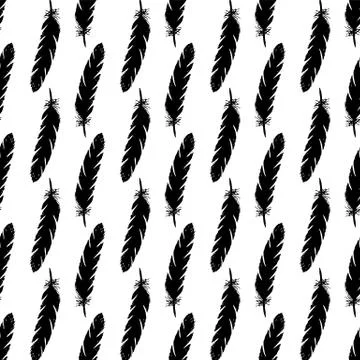 Black feathers seamless pattern on white background. Stock Illustration