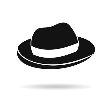 Black fedora hat silhouette icon with shadow isolated on white background Stock Illustration