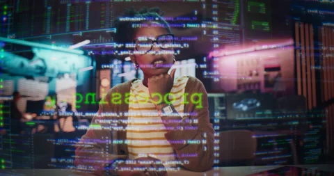 Black Female Hacker Using VFX Hologram Device In Office Stock Footage 283750821