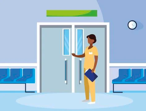 Black female medicine worker in elevator door Illustrazione stock