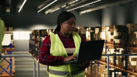 Black female worker checking logistics on laptop to ensure warehouse operations Stock Footage 330441243