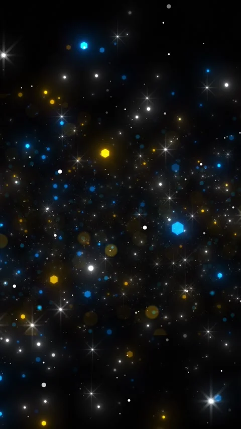Black festive particle background cyan and gold dots, hexagon shapes, bright fla Stock Footage 340402494