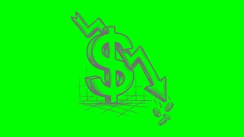 Black fill hand drawn style dollar sign down arrow financial loss graph coin Stock Footage 336671055