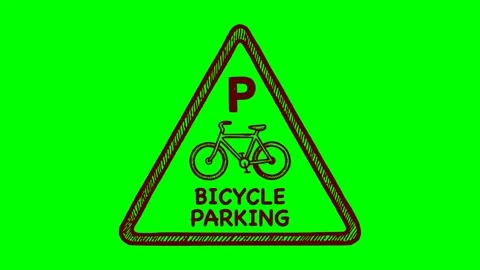 Black fill hand drawn style bicycle parking triangle sign p symbol bike icon Stock Footage 338350974
