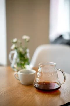 Black filter coffee on the table in cafe service kettle hario pour over cup Stock-Fotos