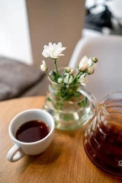 Black filter coffee on the table in cafe service kettle hario pour over cup Stock-Fotos