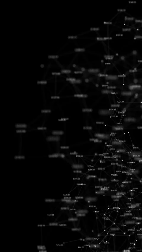 Black finance network data connected nodes, floating dollar values, blurred mark Stock Footage 340569148