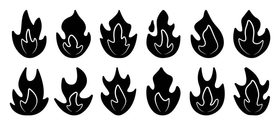 Black fire and flame set Stock Illustration