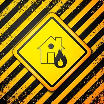 Black Fire in burning house icon isolated on yellow background. Warning sig.. Stock Illustration