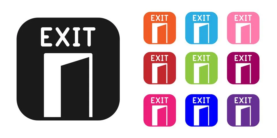 Black Fire exit icon isolated on white background. Fire emergency icon. Set i Ilustración de archivo