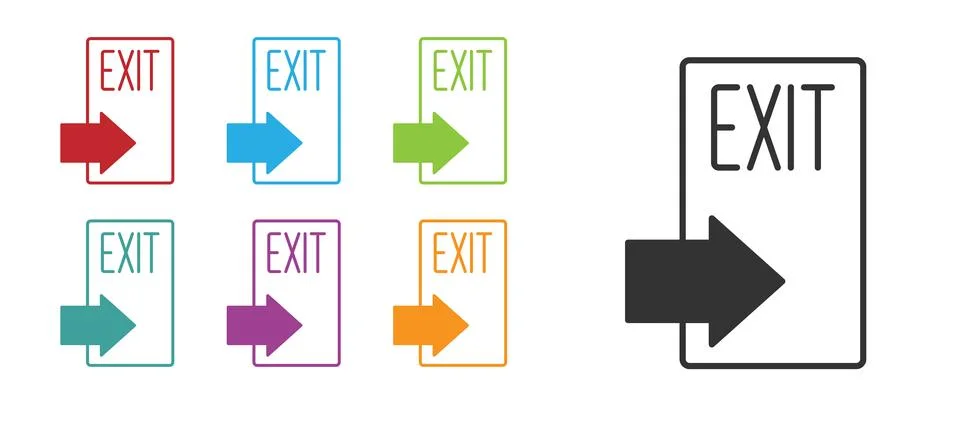 Black Fire exit icon isolated on white background. Fire emergency icon. Set Ilustración de archivo