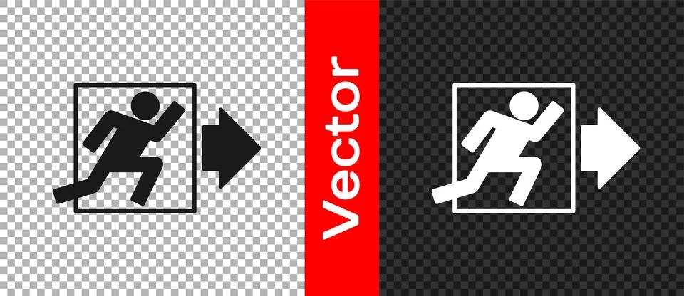Black Fire exit icon isolated on transparent background. Fire emergency ico.. Ilustración de archivo