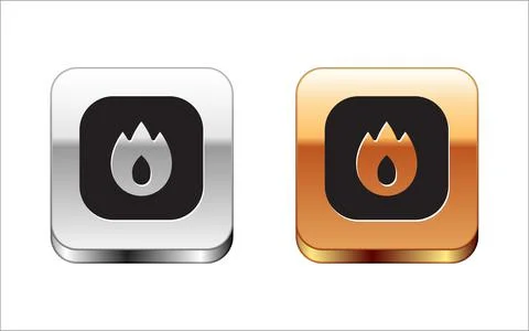 Black Fire flame icon isolated on white background. Silver-gold square button Stock Illustration