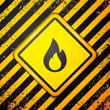 Black Fire flame icon isolated on yellow background. Warning sign. Vector Stock Illustration
