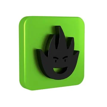 Black Fire flame icon isolated on transparent background. Green square button Stock Illustration