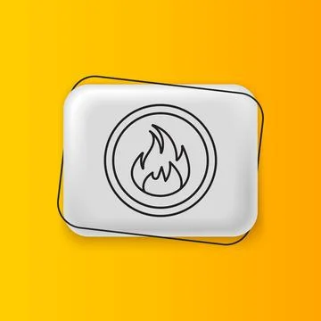 Black Fire flame icon isolated on yellow background. Silver rectangle butto.. Illustrazione stock